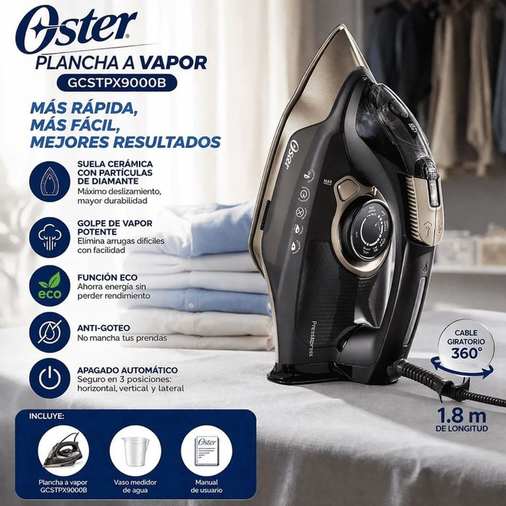 Plancha a Vapor Oster GCSTPX9000B Suela Cerámica con Partículas de Diamante Antiadherente