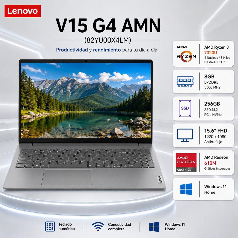Laptop Lenovo V15 G4 15.6 FHD Ryzen 3 7320U 8GB RAM 256GB SSD Windows 11 Home 82YU00X4LM
