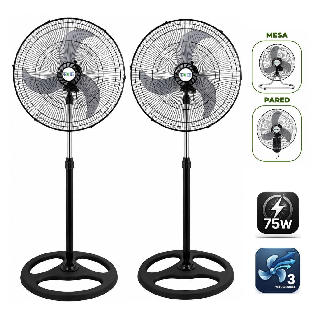 Pack 02 Ventiladores T-ICE 75 Watts 3 ASPAS  Pedestal Mesa y Pared