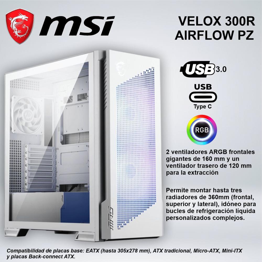 CASE MID TOWER MSI VELOX 300R AIRFLOW PZ PANEL FRONTAL DE MALLA METALICA WHITE