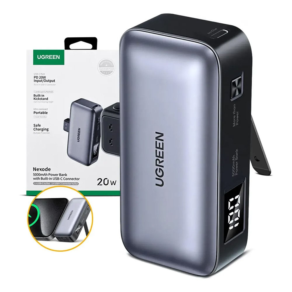 Mini Power Bank UGREEN 5000 mAh Carga Rápida 20W USB-C Integrado PB503 con Soporte 35338