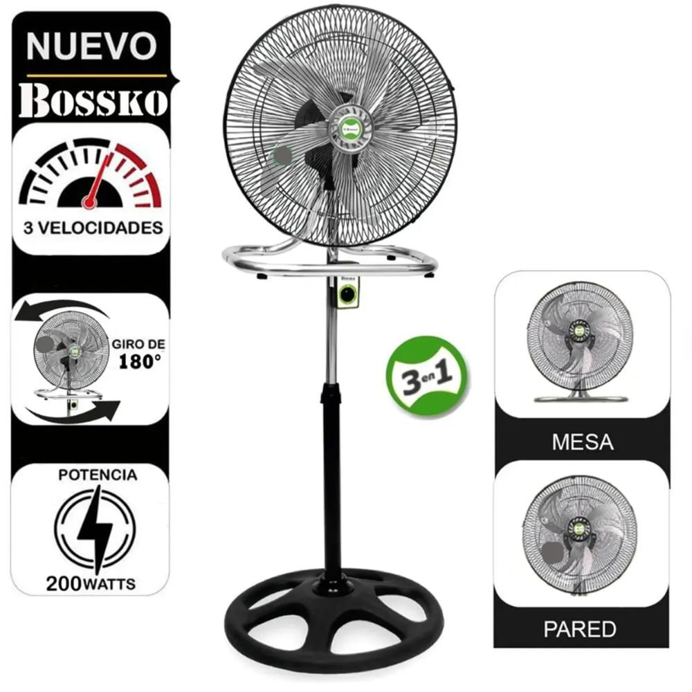 Ventilador Bossko BK-8219VI 5 Aspas 3 en 1 de 18'' 200W Negro