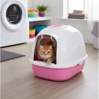Arenero cerrado para gatos con puerta abatible - ROSADO