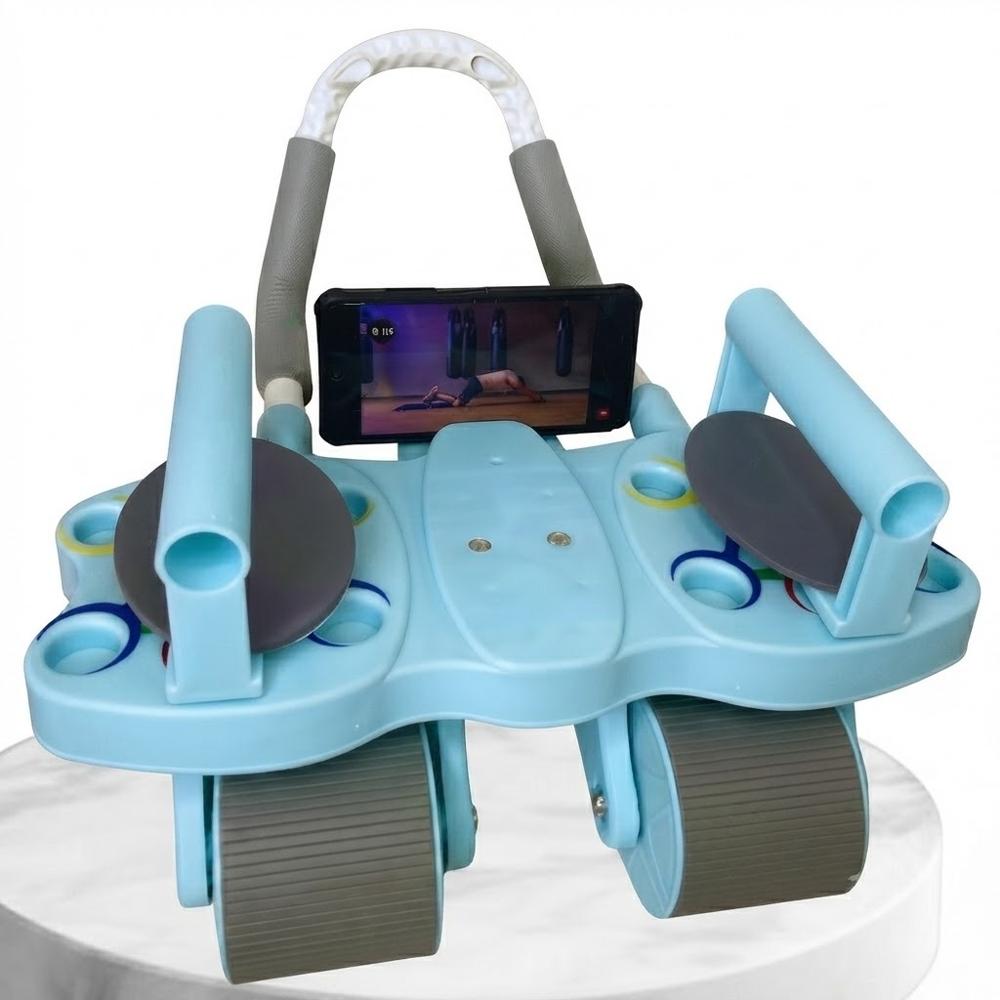 RODILLO ABDOMINAL 3 EN 1 DE 4 RUEDAS 4 CODERAS CON TABLERO DE FLEXIONES CELESTE.