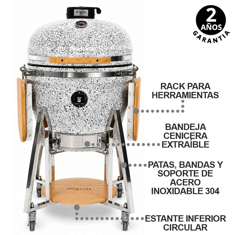 Kamado 22 Pulgadas Blanco con Puntos Negros PREMIUM Con Funda y Herramientas Básicas HIGRILL