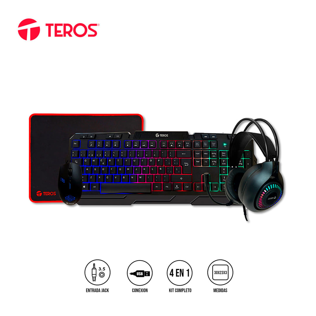 Kit Gamer Teros TE-4063N Teclado Mouse Headset Pad RGB Multimedia Negro