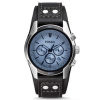 Reloj Fossil Coachman CH2564 Fecha Cronómetro Correa Cuero Negro Dial Celeste
