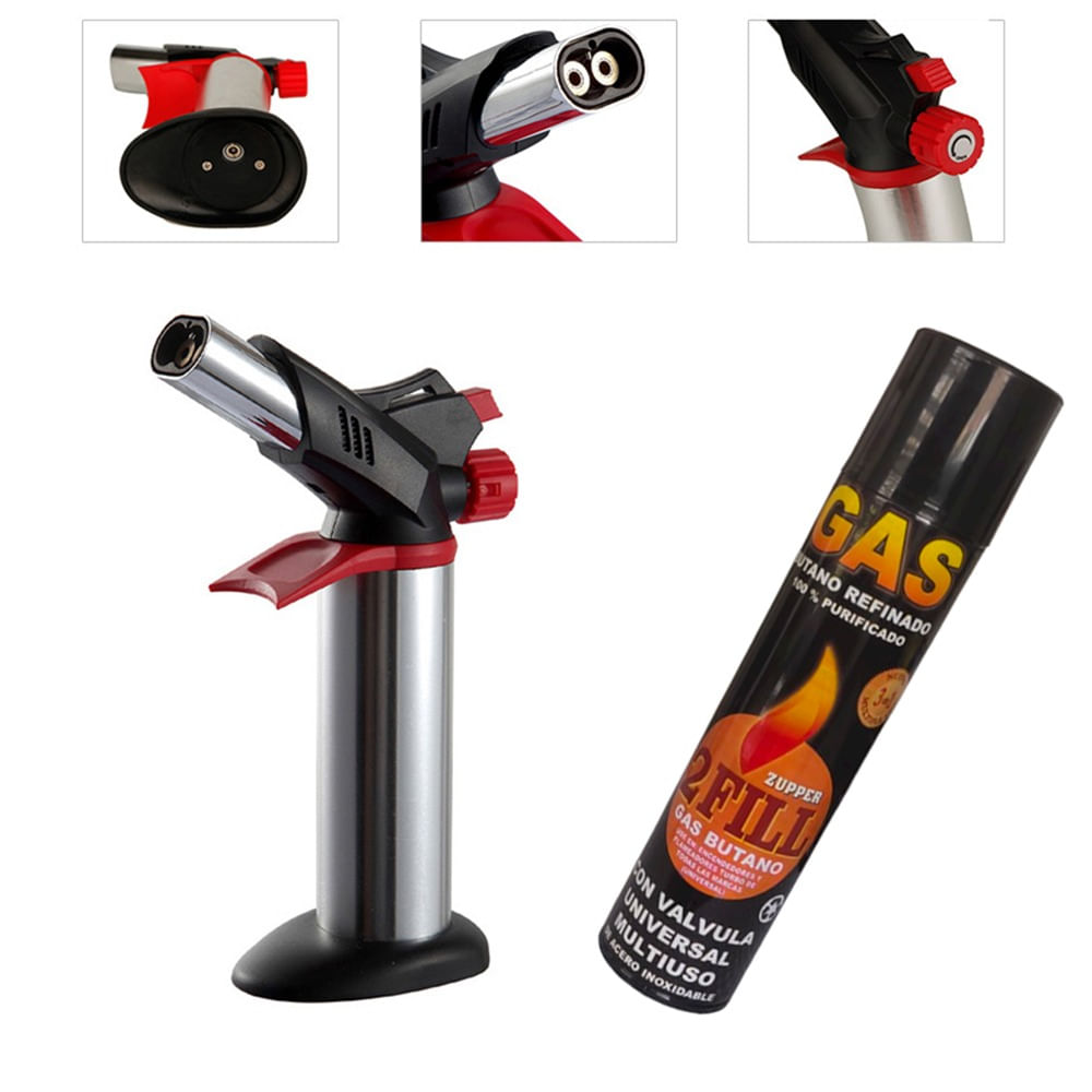 Kit Soplete Flameador Profesional Cocina Recargable Doble Cañon mas Gas Butano