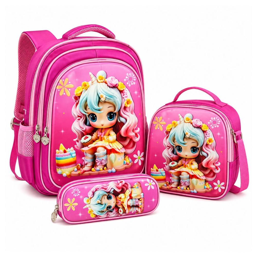 Set De Mochila 3d Lonchera Estuche Con Relieve - Princesa