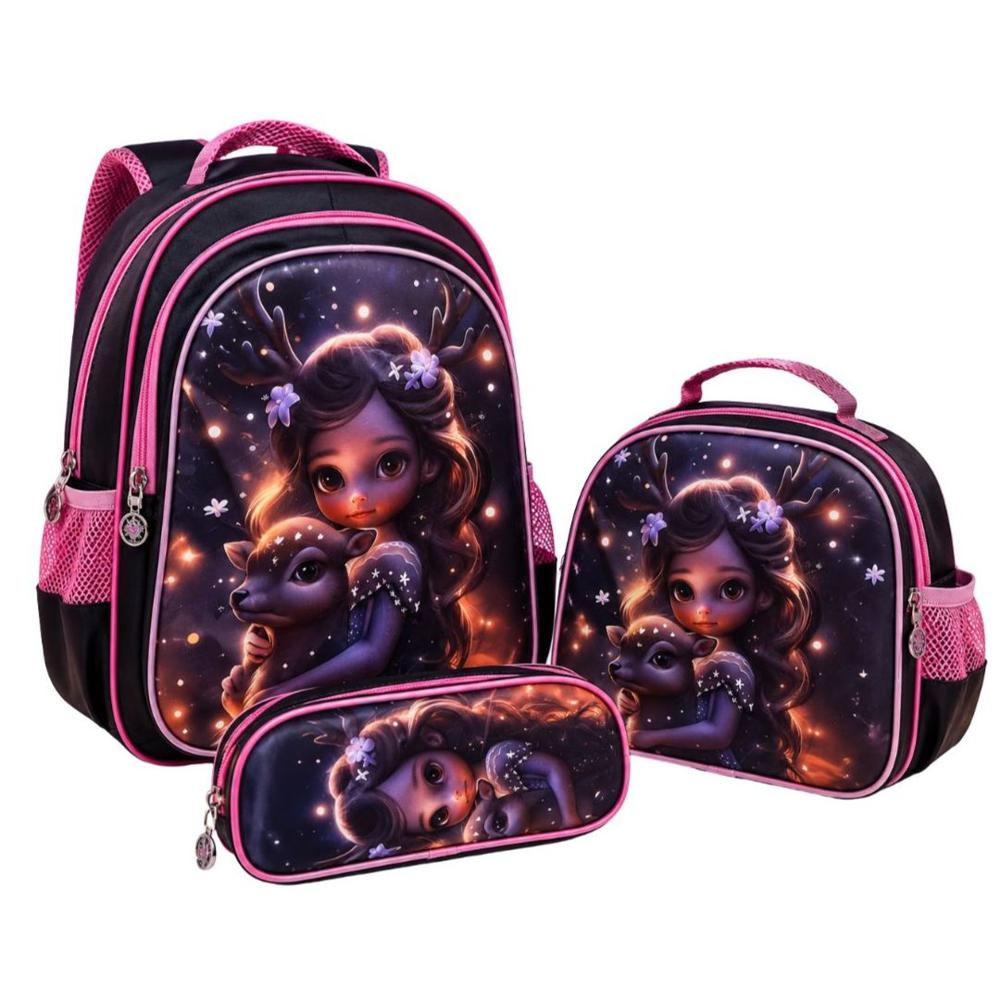 Set Mochila Princesa Con Lonchera Estuche Con Relieve Y Luces