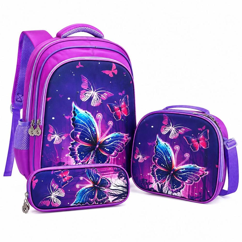 Set Mochila Mariposa 3d Lonchera Estuche Con Relieve Y Luces