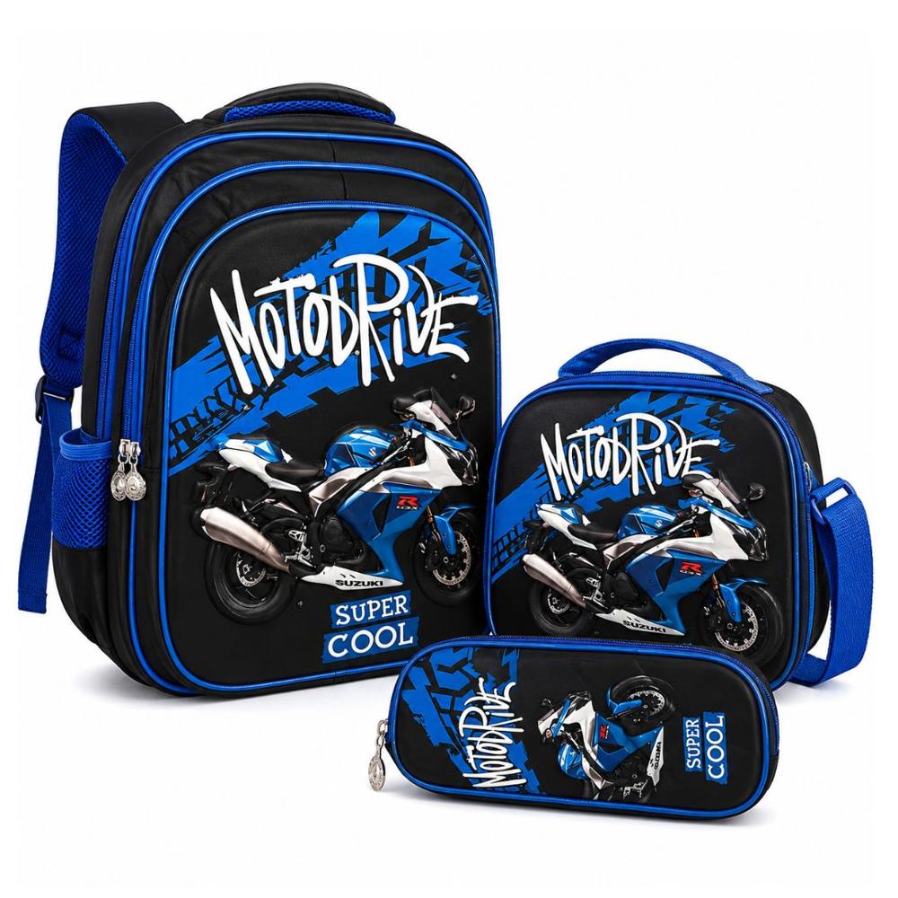 Set Mochila Motodrive 3d Lonchera Estuche Con Relieve Y Luces