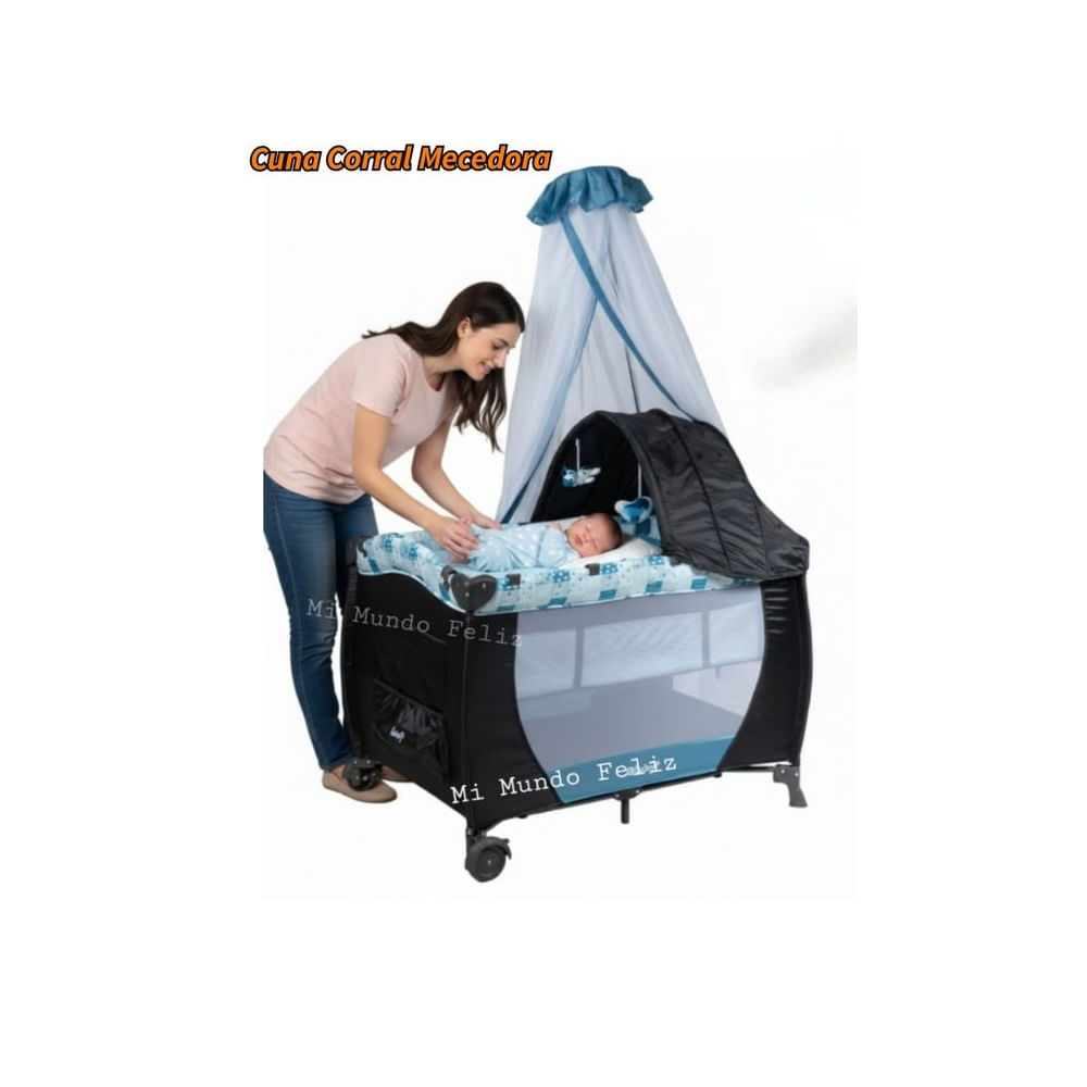 Cuna Corral de Bebe con  Mecedora Azul