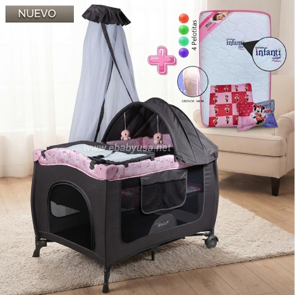 Cuna Corral Mecedora Sally 716-4 Rosado Colchón de Bebe Deluxe