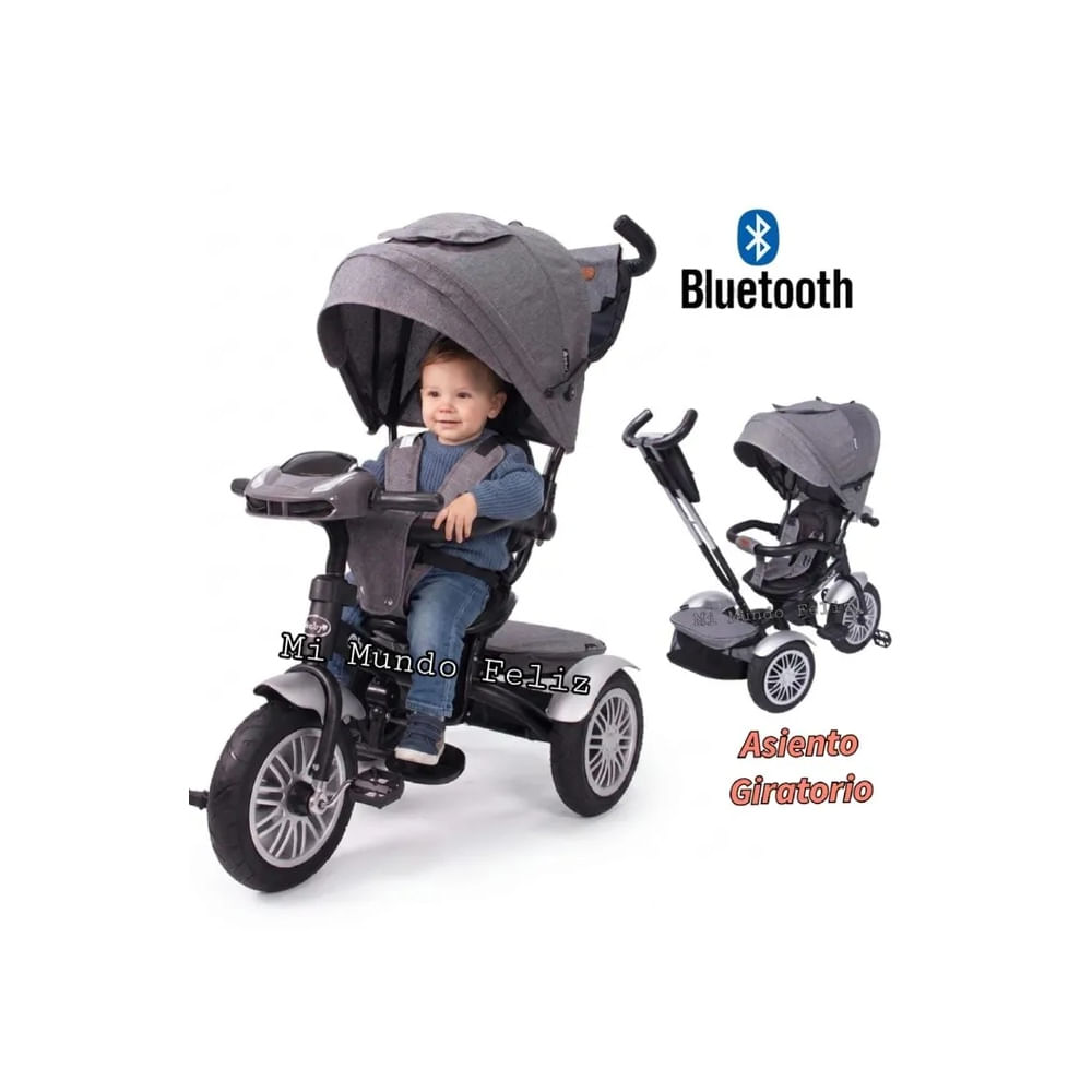 Triciclo para Niños Asiento Giratorio Bluetooth Gris