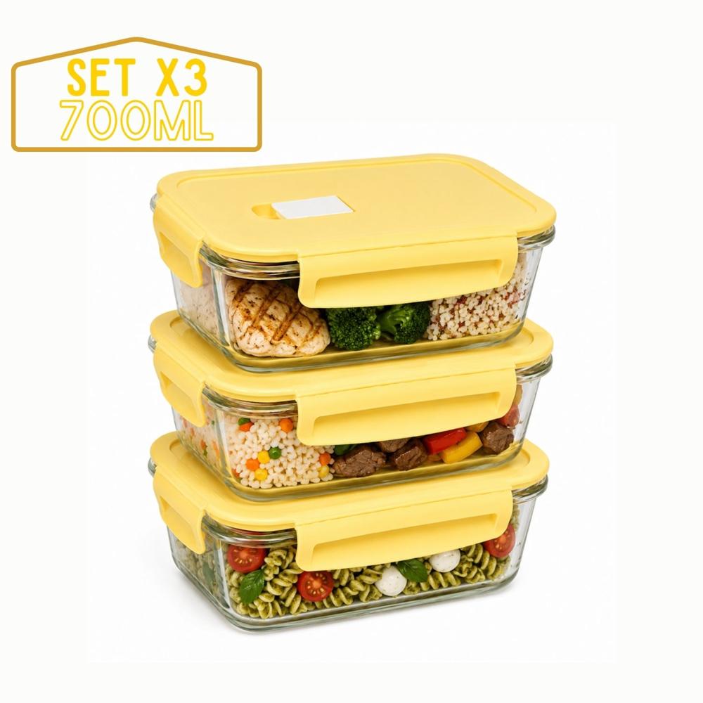 Taper De Vidrio Hermético 700ml Rectangular Set De 3 Unidades Vainilla