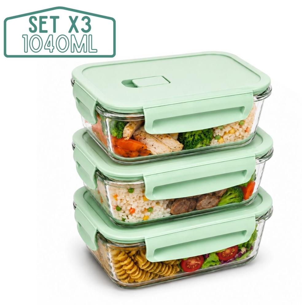 Taper De Vidrio Hermético 1040ml Rectangular Set 3 Unidades Jade