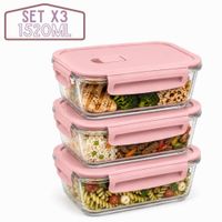 3 Taper De Vidrio Hermético 1520ml Rectangular Premium Rosa