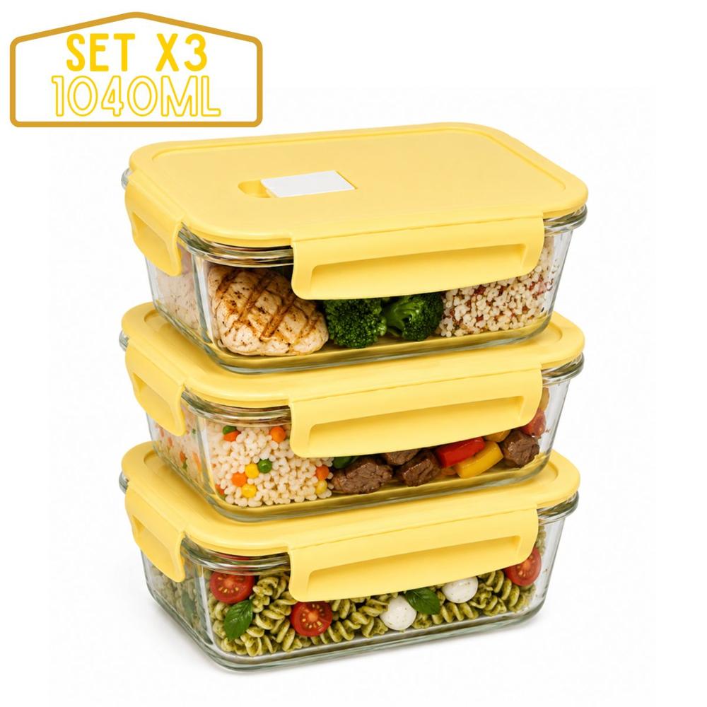 Taper De Vidrio Hermético 1040ml Rectangular Set 3 Unidades Vainilla