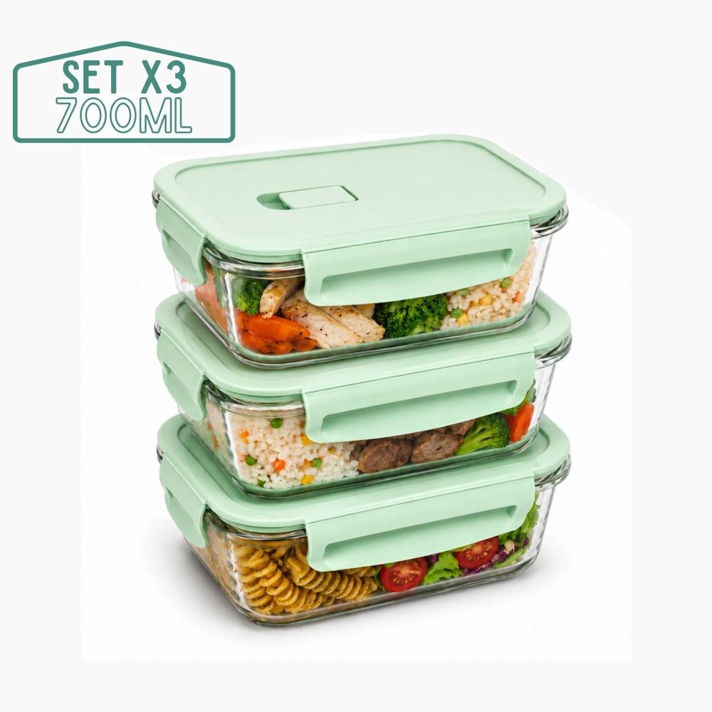 Taper De Vidrio Hermético 700ml Rectangular Set De 3 Unidades Jade
