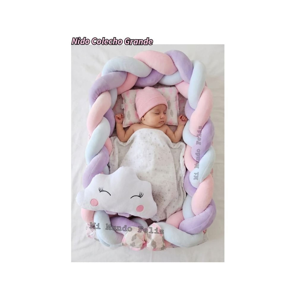 Cuna Colecho Bebe Con Almohada Trenzado Grande Nube Rosa