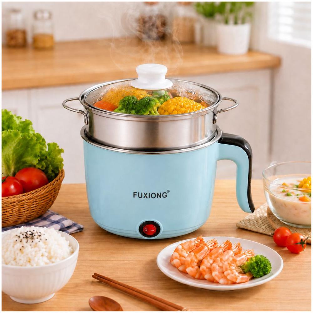 Mini Olla Eléctrica Multiusos Fuxiong 1L Portátil de 600W con Vaporera Acero Inox Celeste