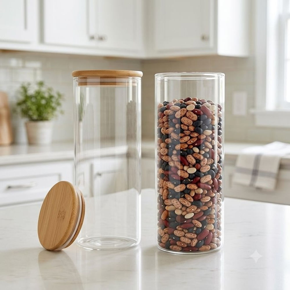 Set de 2 Frascos de Vidrio Herméticos 1.8 L con Tapa de Bambú – Organizadores para Cocina
