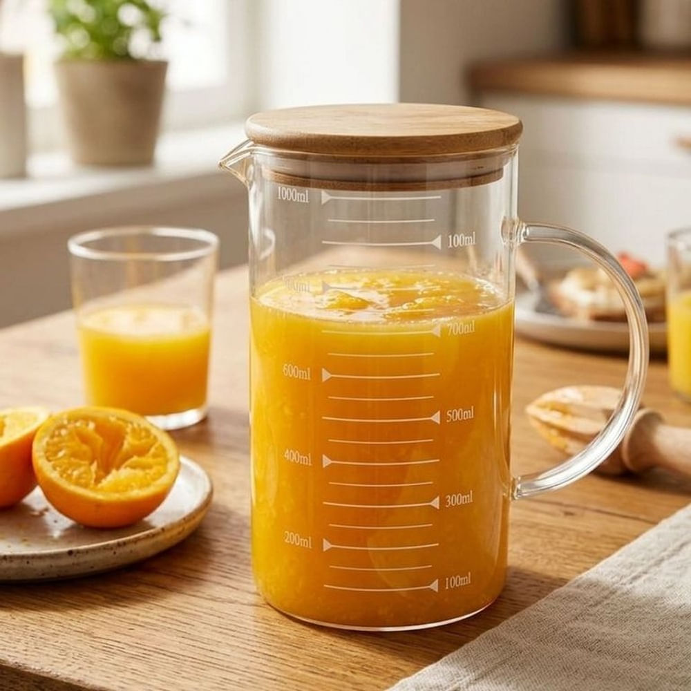 Jarra Medidora de Vidrio Borosilicato 1 lt con Tapa Bambú