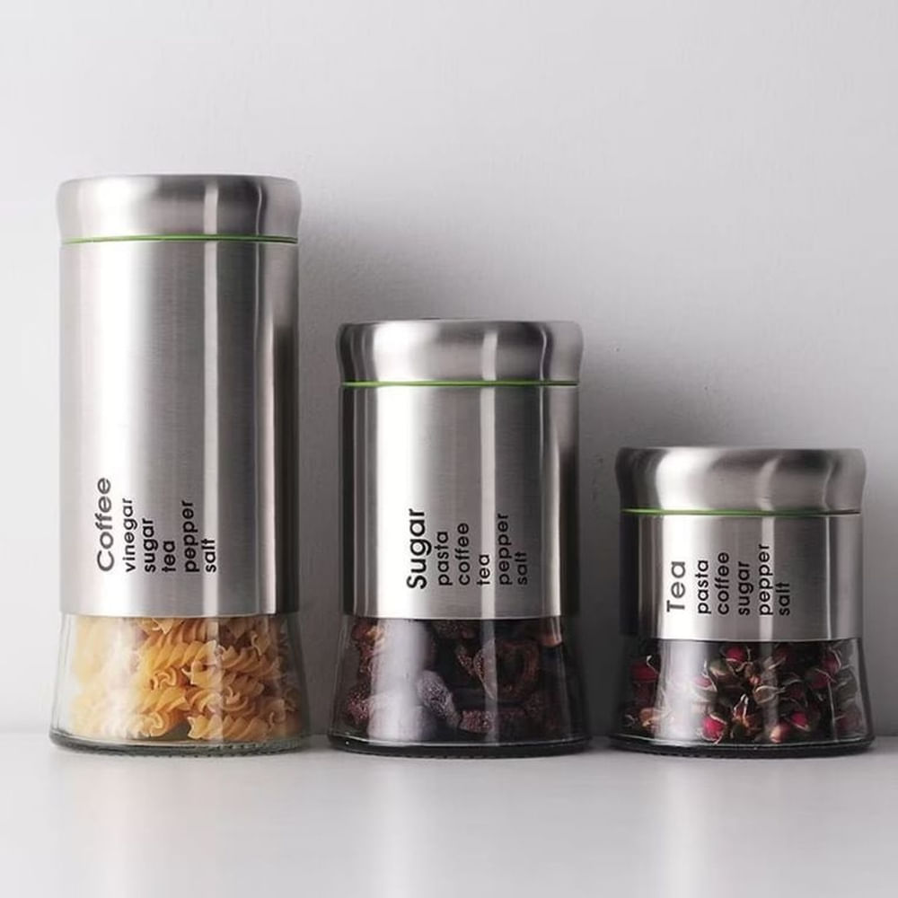 Set de 3 Frascos Herméticos de Vidrio y Acero para Cocina