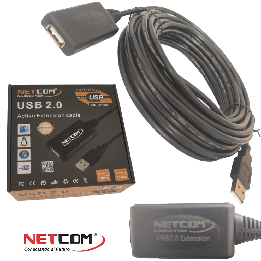 Cable Extensión USB 2.0 Activo Netcom Macho a Hembra 15 Metros