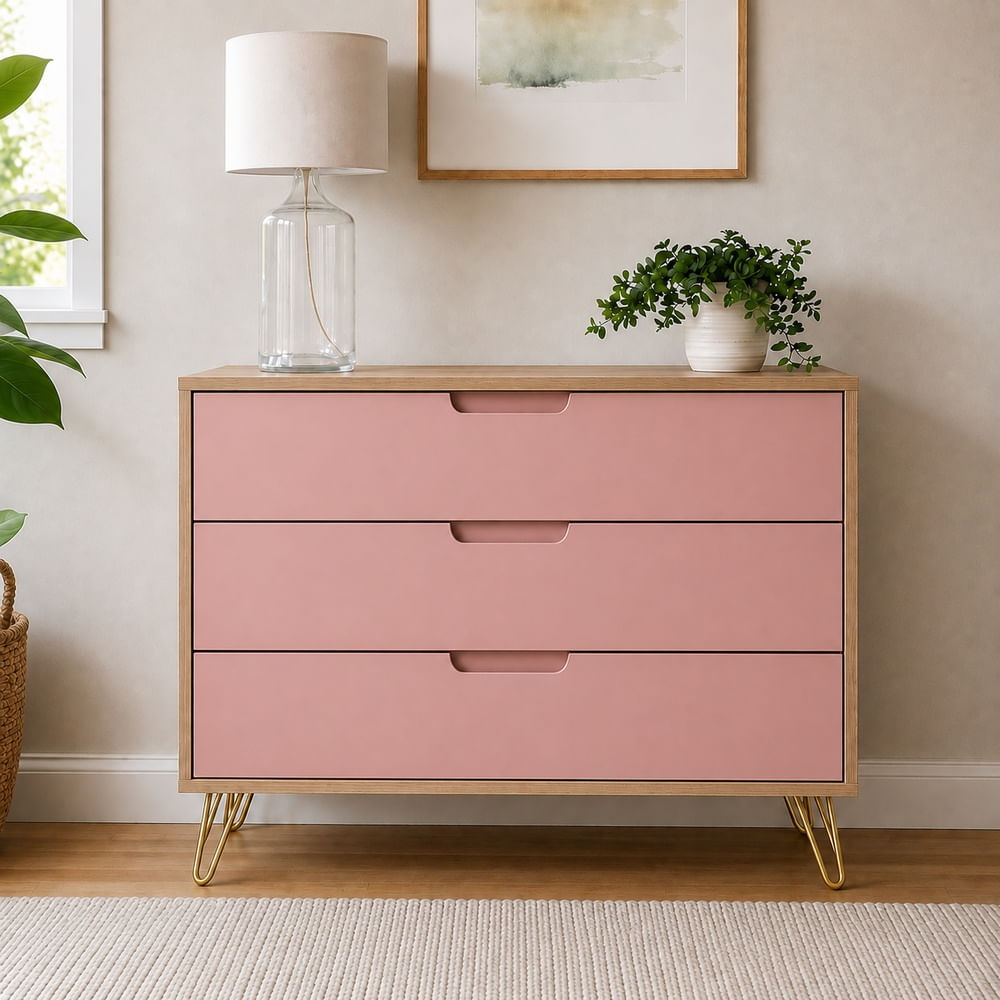 Cómoda Contemporánea Loreanna 3 Cajones Ventitas Home Duna y Rosado