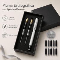 LAPICERO PLUMA FUENTE 3 BOLIGRAFO 10 cartuchos tinta PLATEADO
