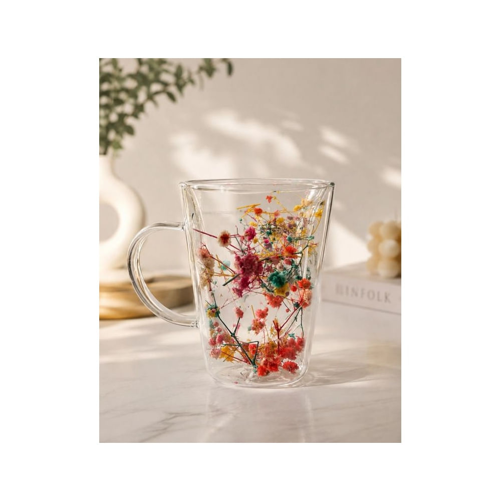 4 Tazas Doble Fondo de Vidrio con Flores Encapsuladas