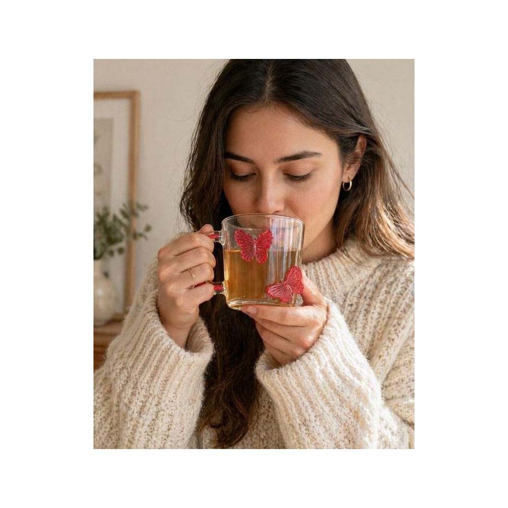 Taza de Vidrio Borosilicato 450ml con Mariposas 3D y Asa Decorada rojo