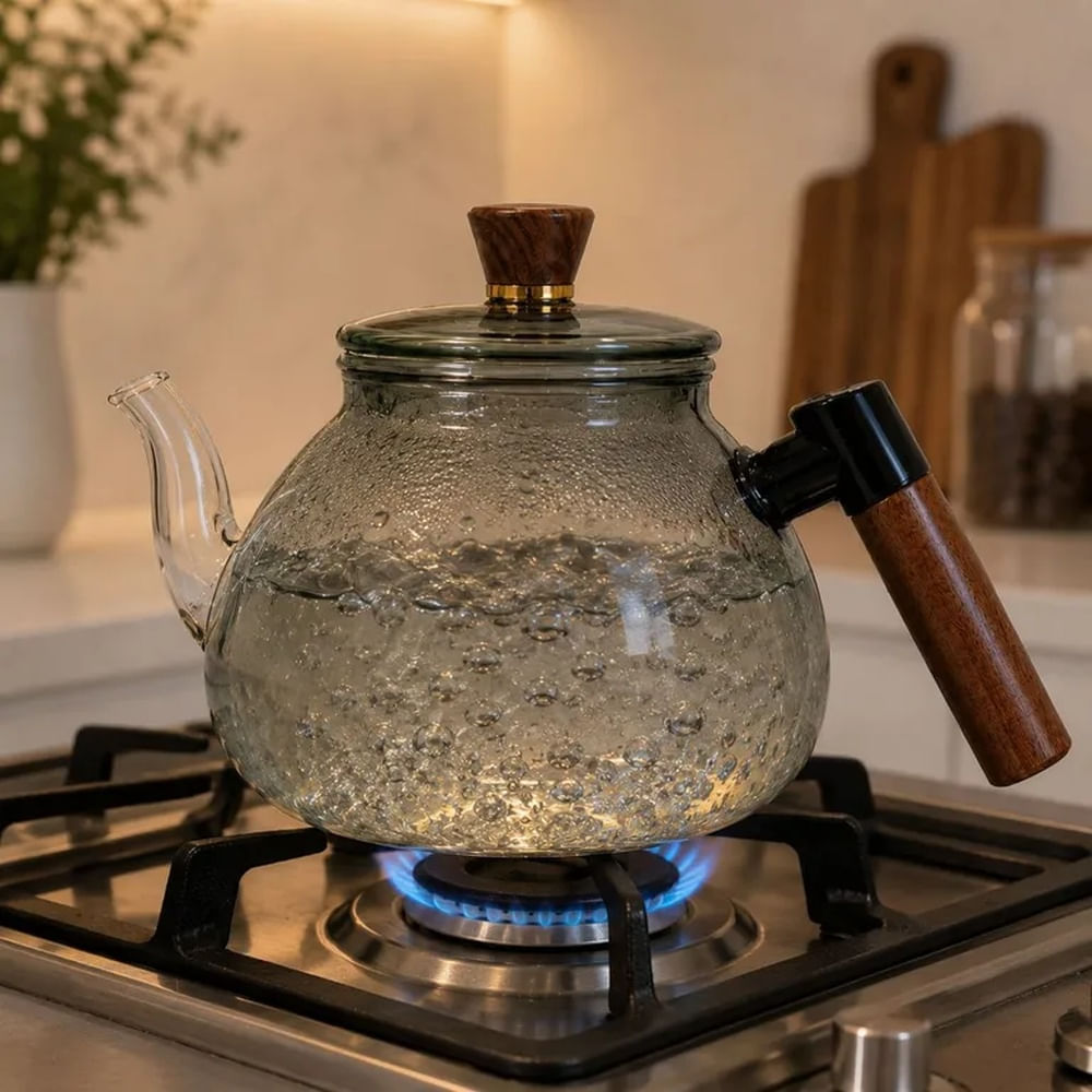Tetera de Vidrio Borosilicato Ahumado 1400ML con Infusor y Mango de Madera