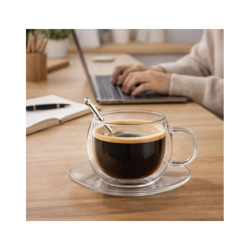 SET 6 TAZAS DOBLE FONDO CON PLATO Y CUCHARA