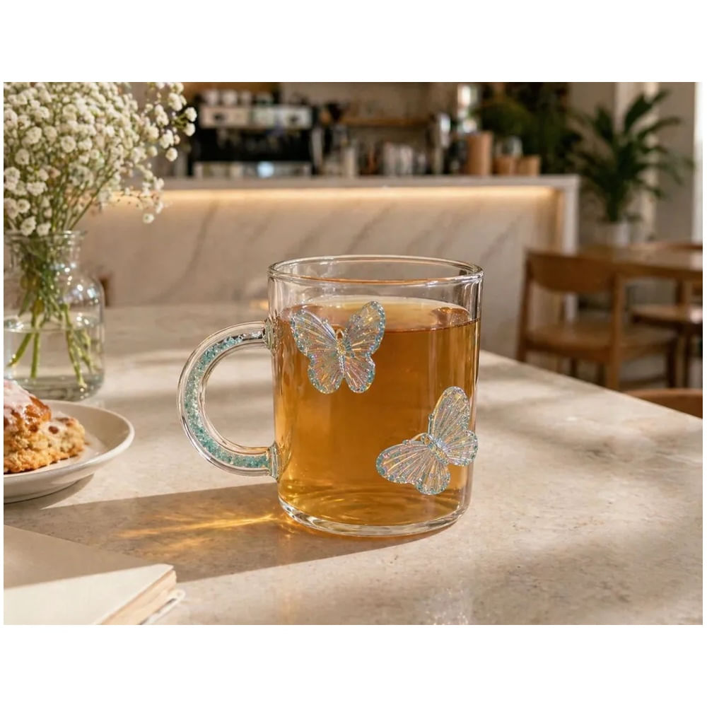 Set x 4 tazas con mariposas 3D celeste 450ML