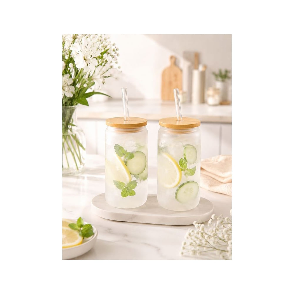 2 VASOS EMPAVONADO CON TAPA BAMBU Y SORBETE