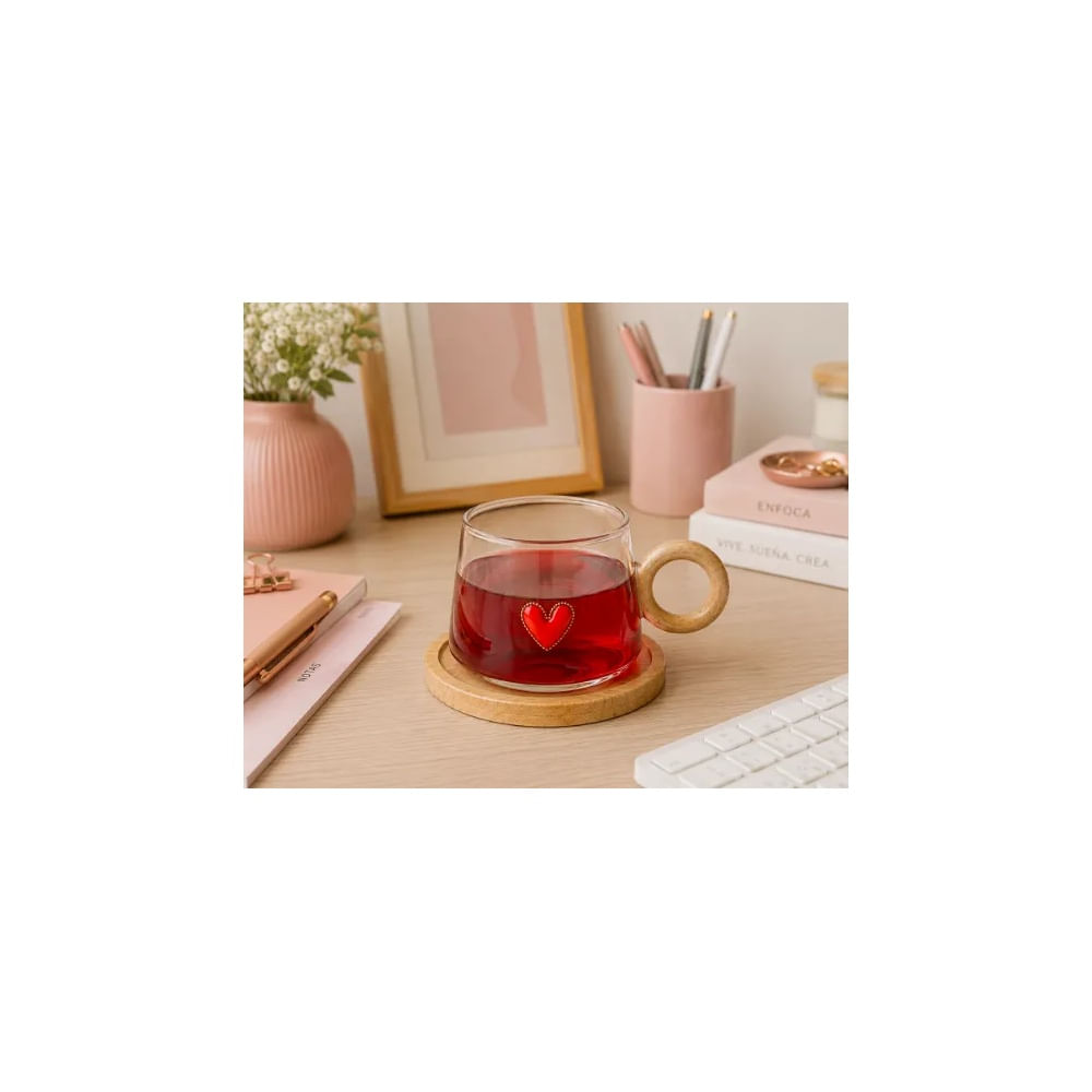 6 Tazas de Vidrio Borosilicato con Asa y Base de Madera 300ml