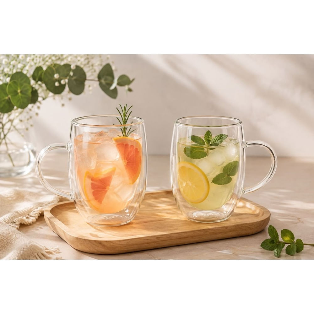 4 Tazas Premium de Vidrio Borosilicato 350 ml Doble Fondo para Bebidas Calientes y Frías