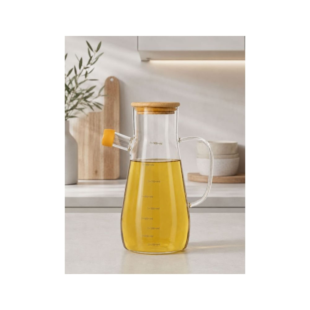 Jarra Dispensadora Aceitera de vidrio Borosilicato con Tapa de Bambú