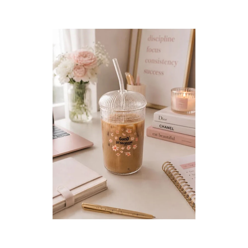 Set Vaso con Tapa y Sorbete de Vidrio Borosilicato 500 ml – Good Afternoon