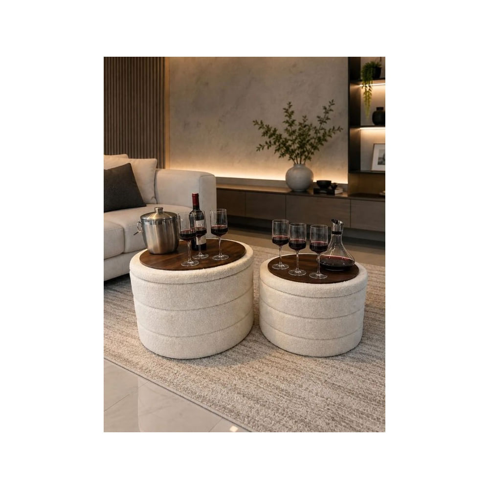 Set 2 Mesas de Centro Multifuncionales con Baúl y Tapas Reversibles Bouclé y madera