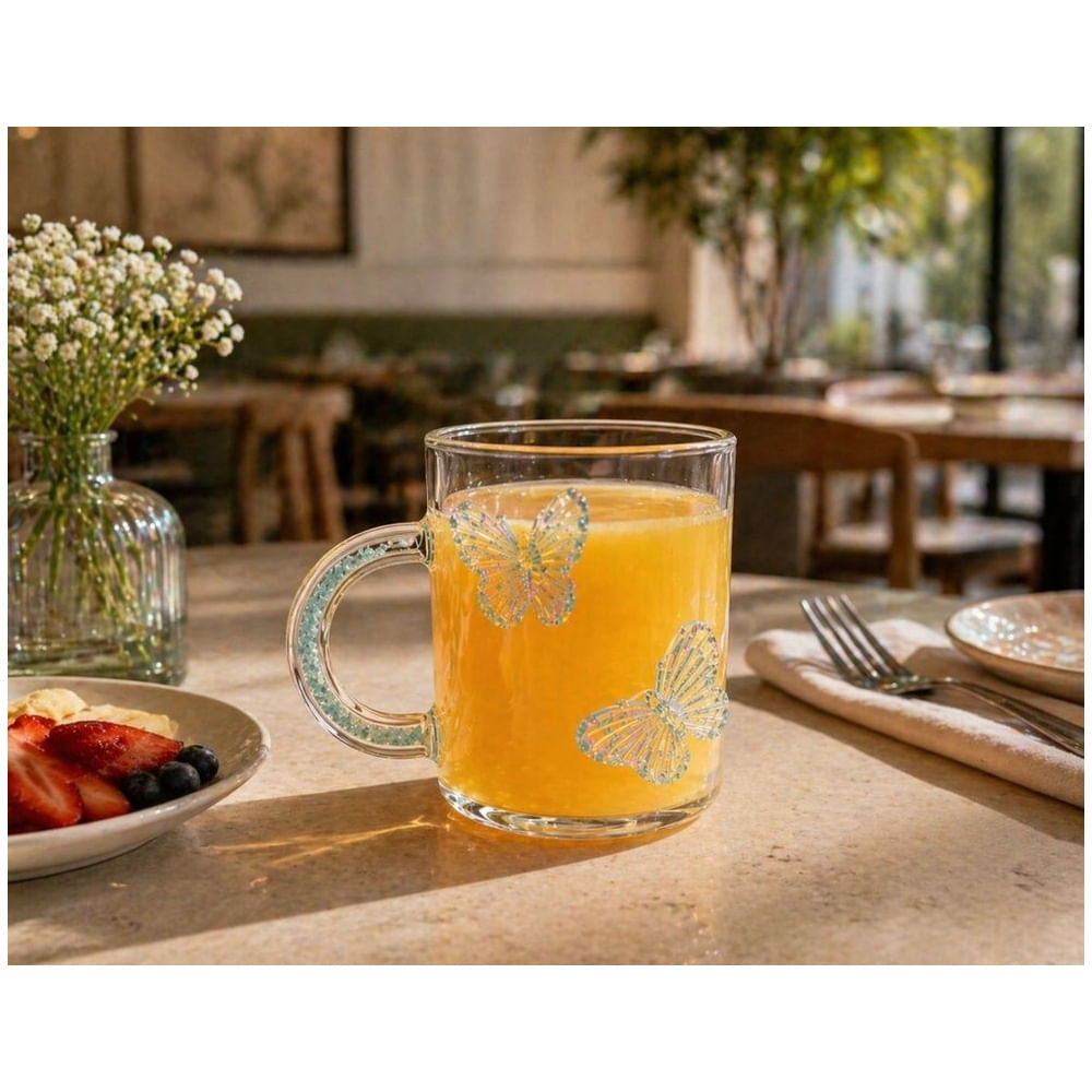 Taza de Vidrio Borosilicato Diseño Mariposa 3D turquesa