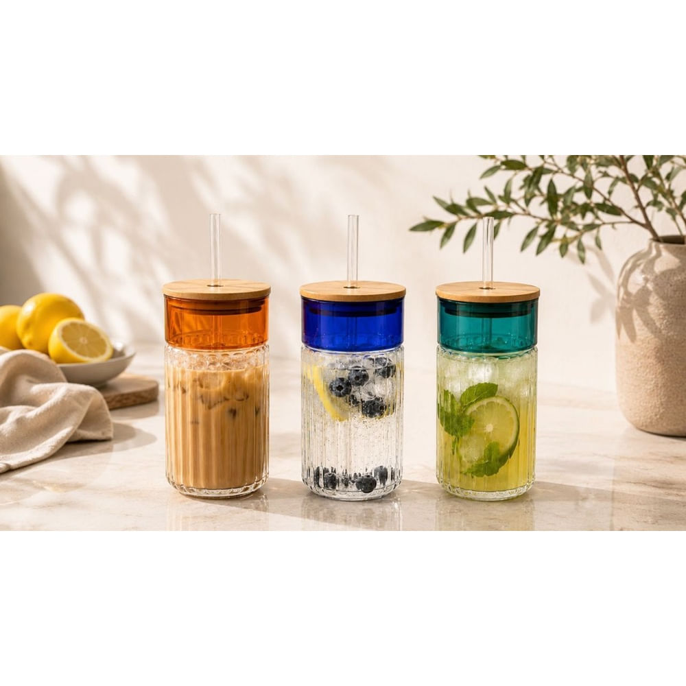 3 Vasos Premium de Vidrio Borosilicato 480 ml con Tapa de Bambú y Sorbete Reutilizable