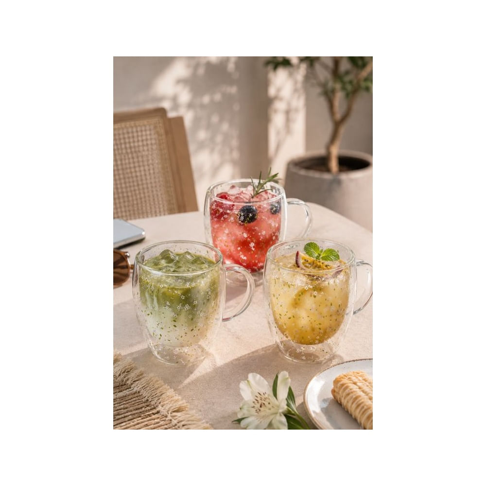 4 Tazas Doble Fondo de Vidrio Borosilicato 300 ml con Diseño Floral