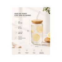 Vaso de Vidrio Borosilicato 550 ml con Tapa de Bambú y Sorbete