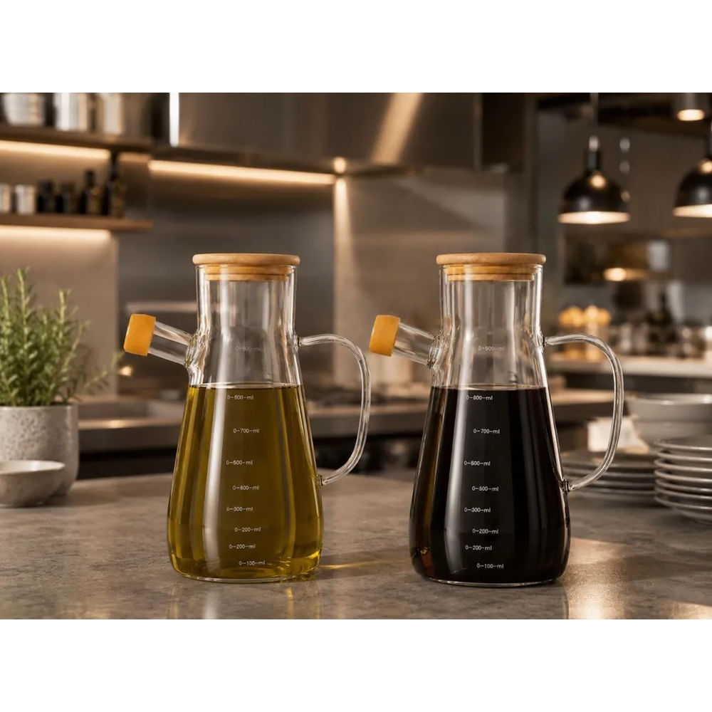 Aceitera de Vidrio Borosilicato 900ML con Tapa de Bambú y Pico Antiderrame