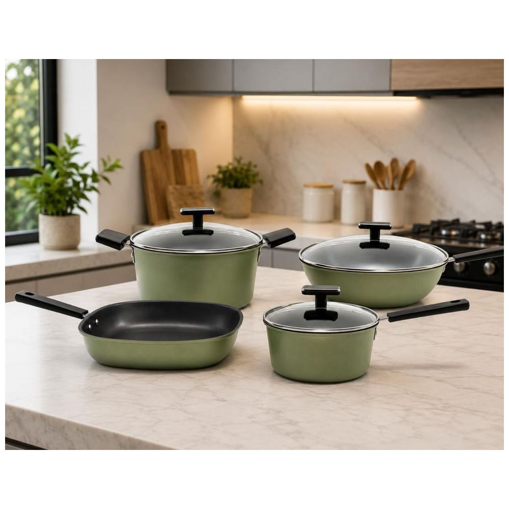 Set de Ollas de Aluminio 4 Piezas con Cerámica Fundida y Tapas de Vidrio Templado