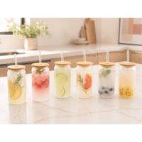 SET DE 6 VASOS EMPAVONADOS CON TAPAS BAMBU Y SORBETES